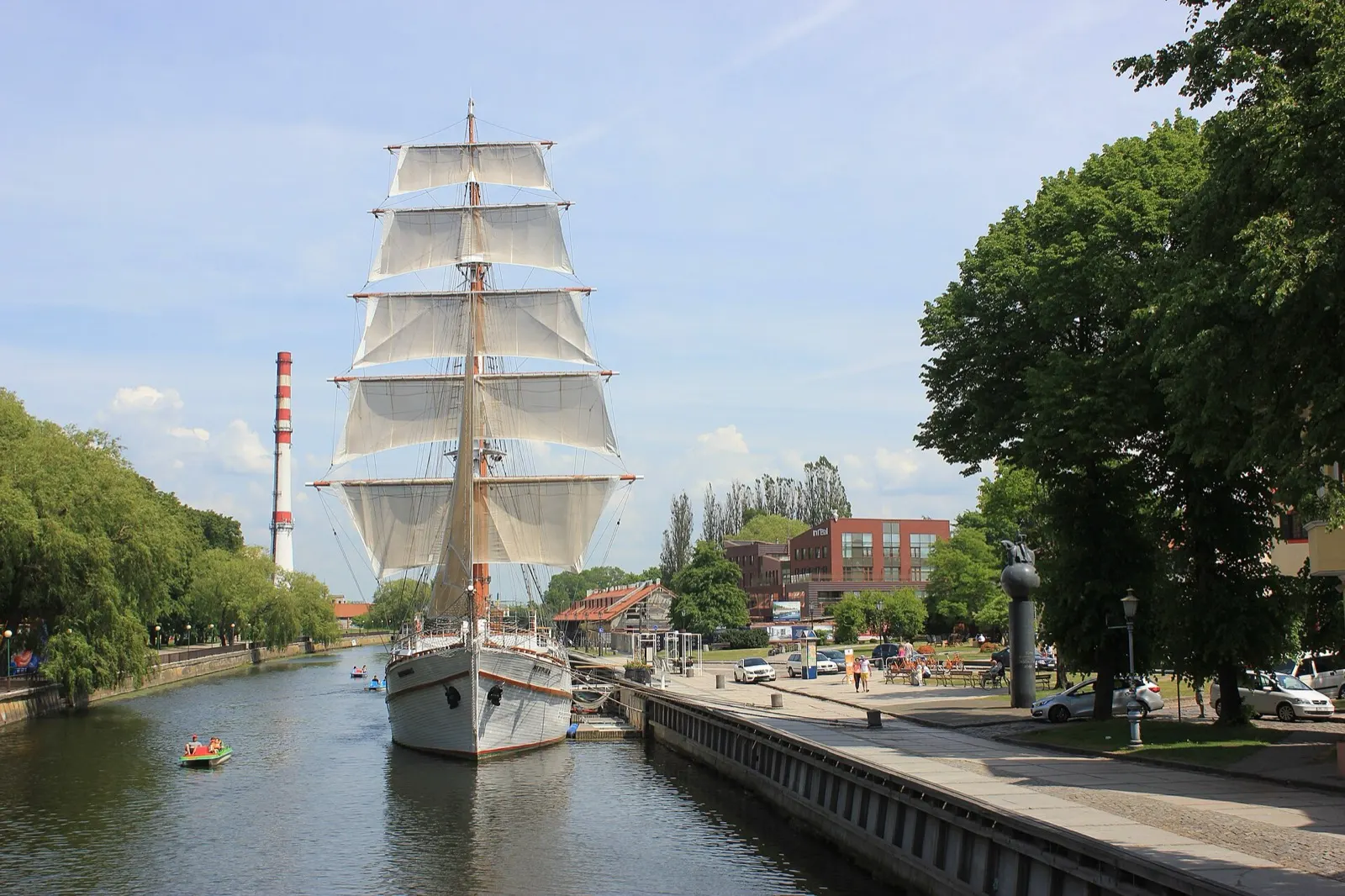 The sailing ship Meridianas moored on the Danė river in Klaipėda old town